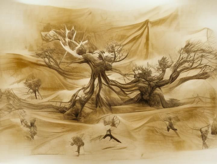 Concept art, pencil sketch, sepia tone; Wind in the Limbs of the World Tree