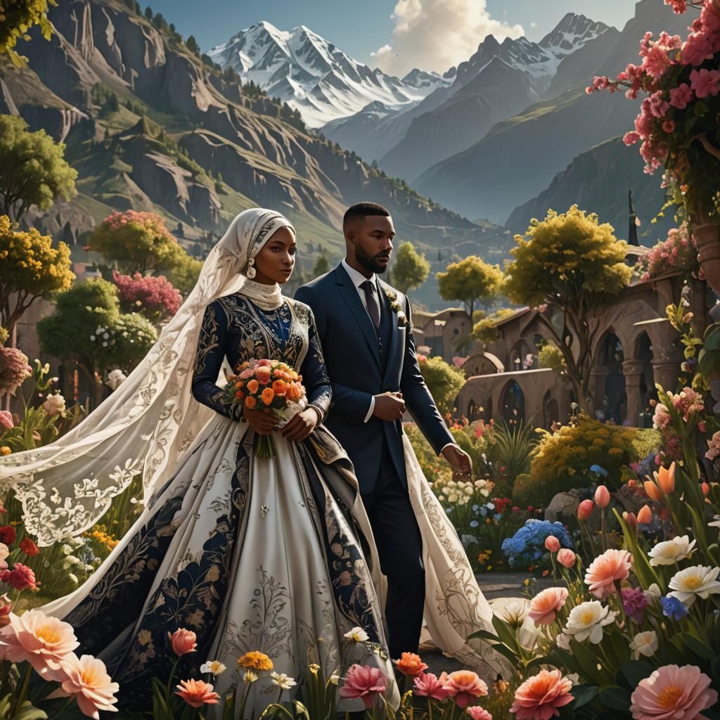 the wedding of black men and women is surrounded by beautifu...