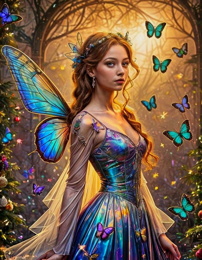 Holographic Christmas Fairy Holding a Gift