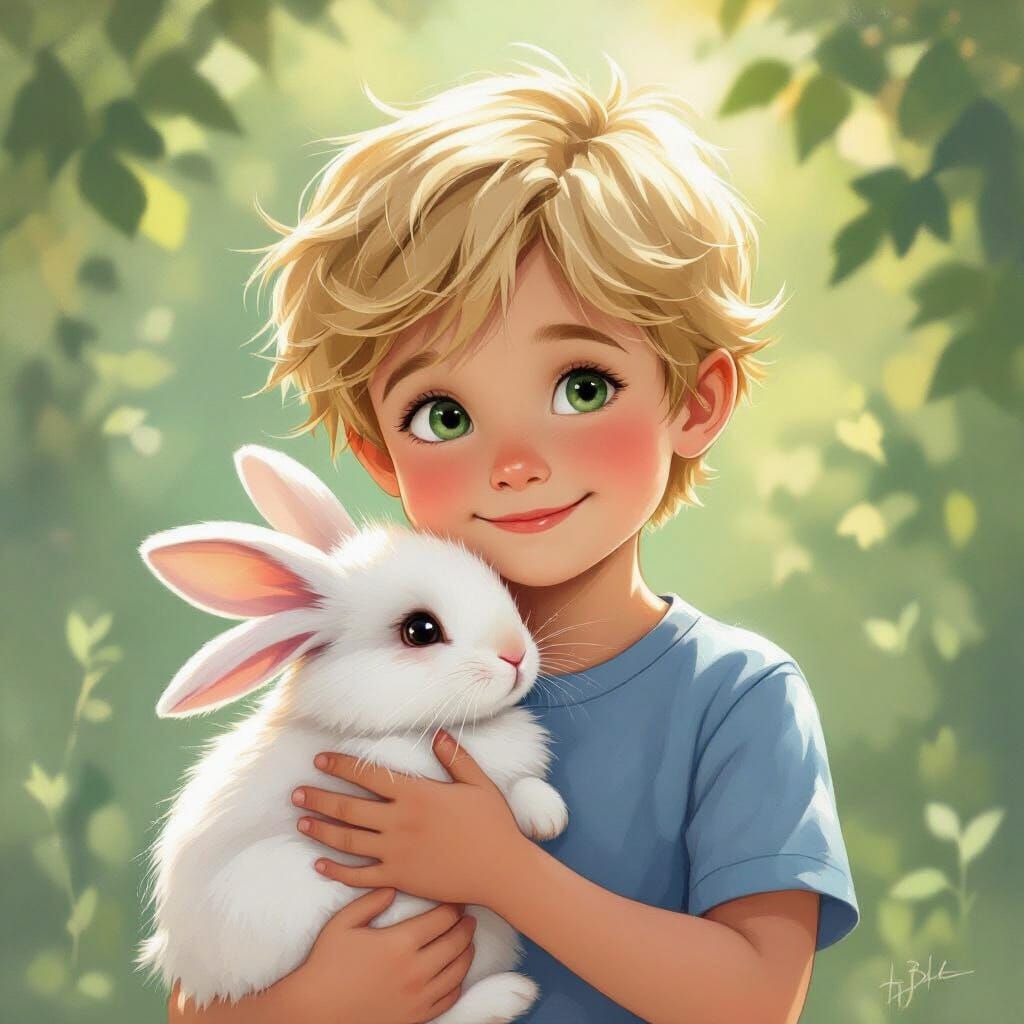 Boy With Blonde Hair Holds White Rabbit in Storybook Style