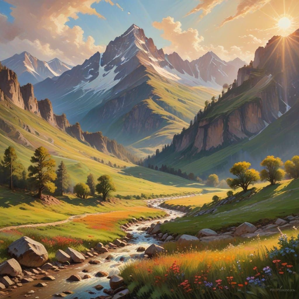 Idyllic Mountain Valley in Impressionist Style