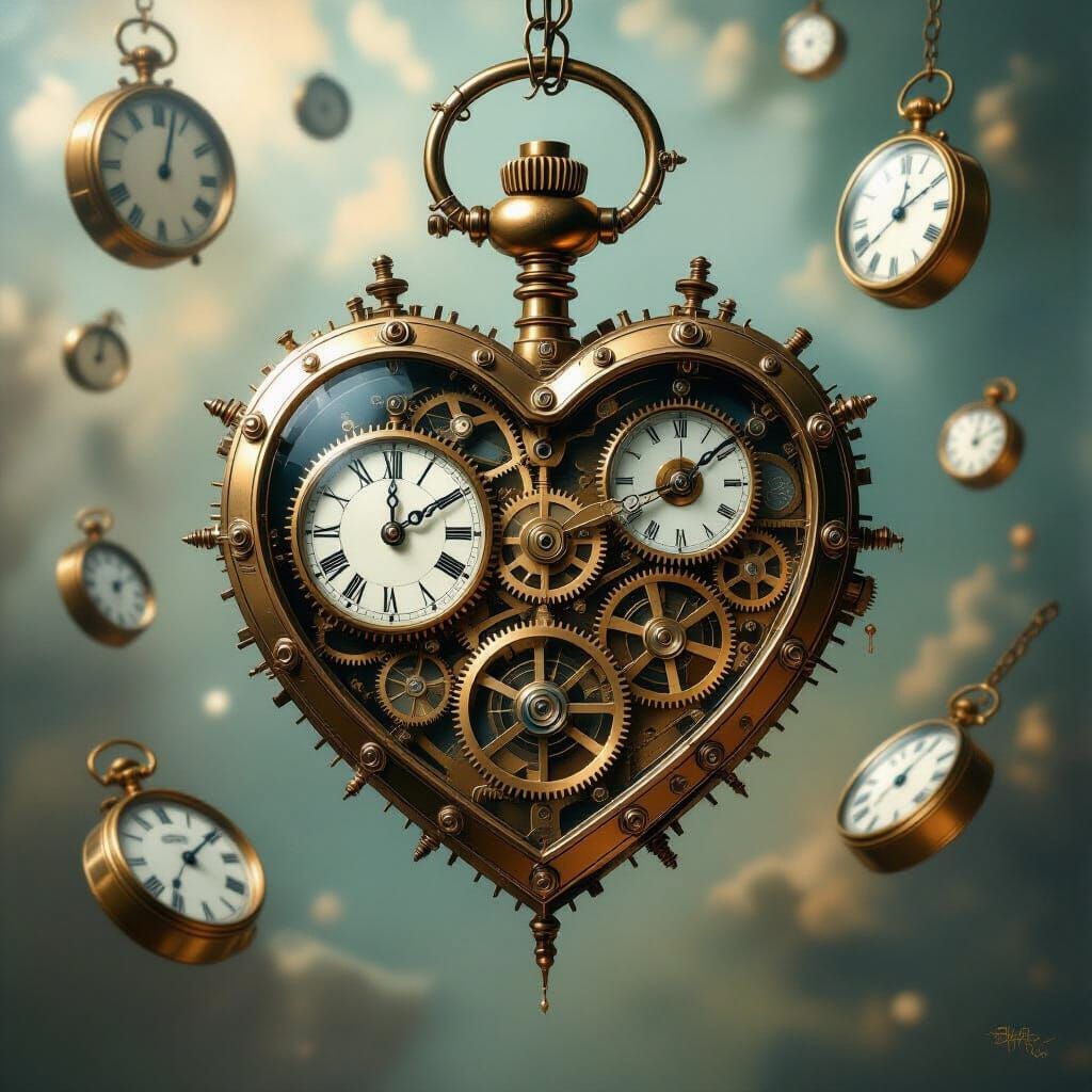 Surrealism. Wide angle shot. A clockwork heart made of brass and copper, suspended in a void filled with floating pocket watches and gears. ...