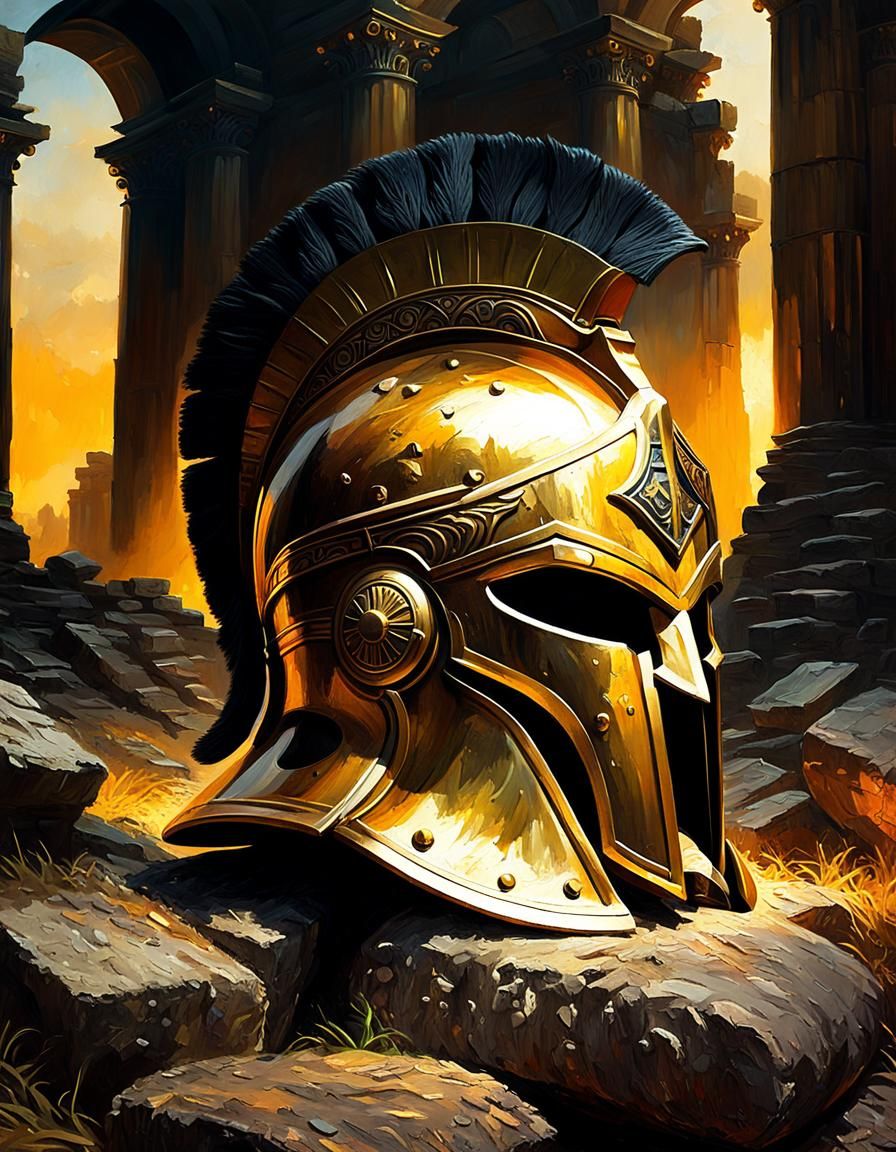 an oil painting of a Spartan helmet  by @AILover