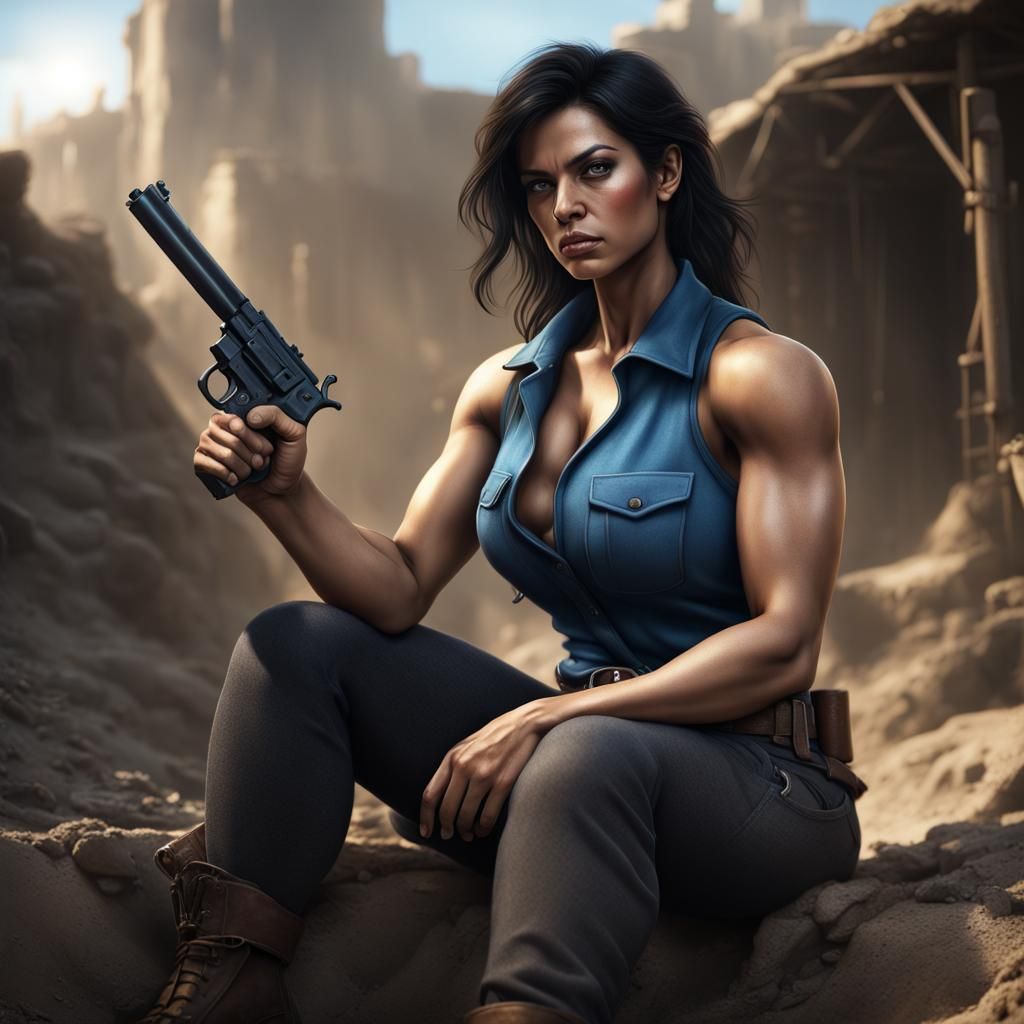 A muscular , very bulky, woman with olive skin, black hair, ...