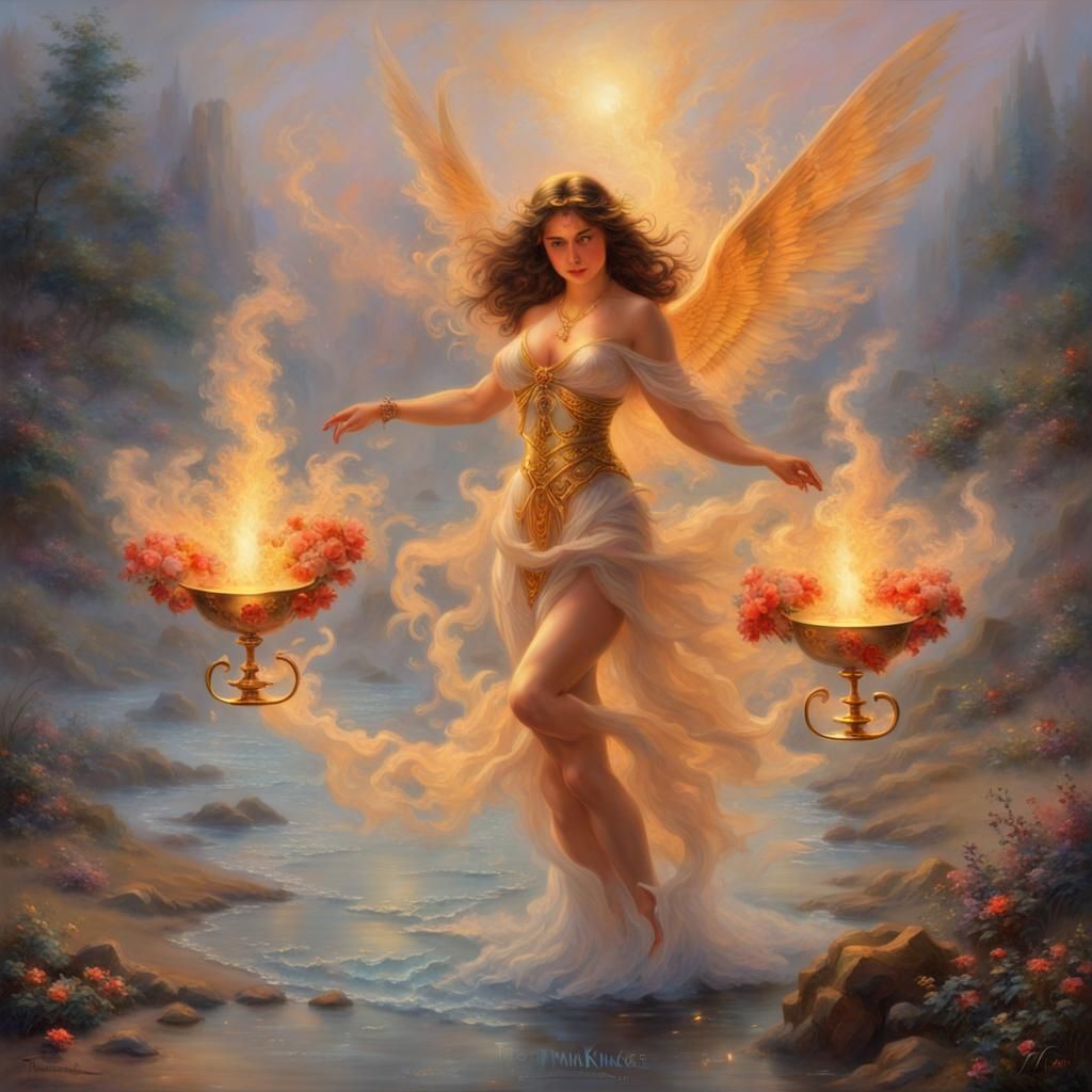 Ethereal Woman Dancing with Golden Cups