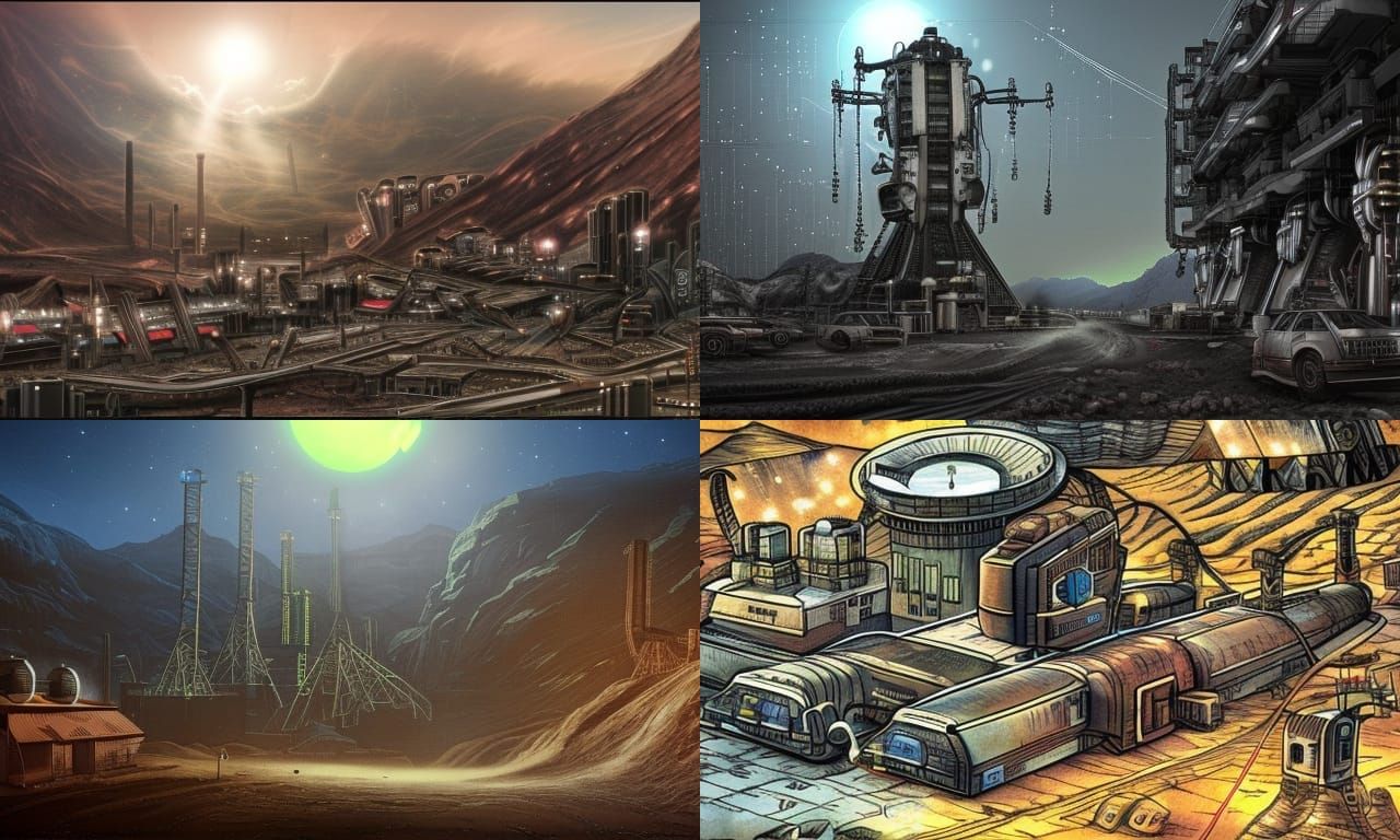 science fiction, mining, mining town, alien, otherworldly, sci-fi, cyberpunk, industrial