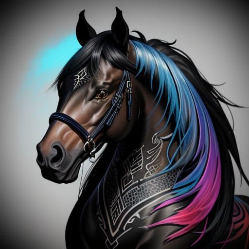 Majestic Black Horse With Intricate Tattoo Art