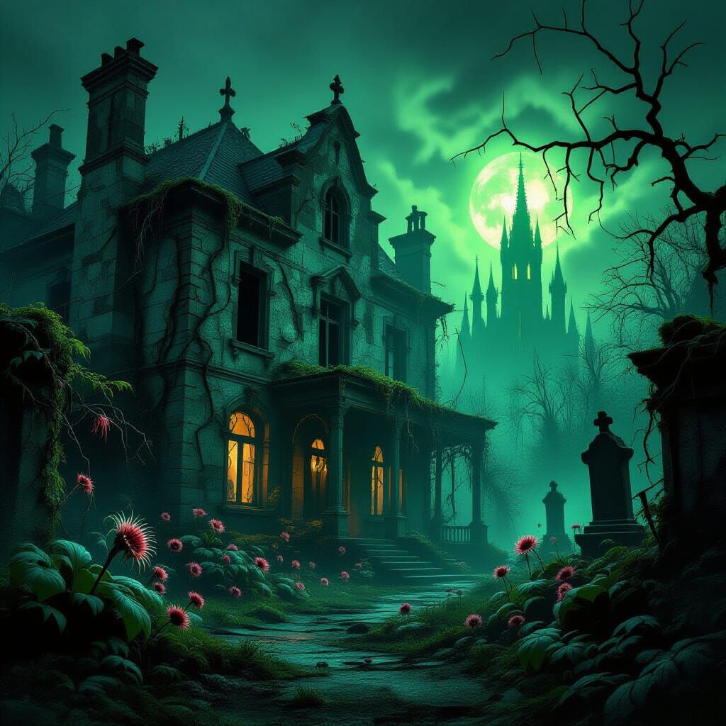 A centuries-old, ruined mansion with worn, stone walls, overgrown with twisted vines, stands in a ominous ...  by @PeteArtwork