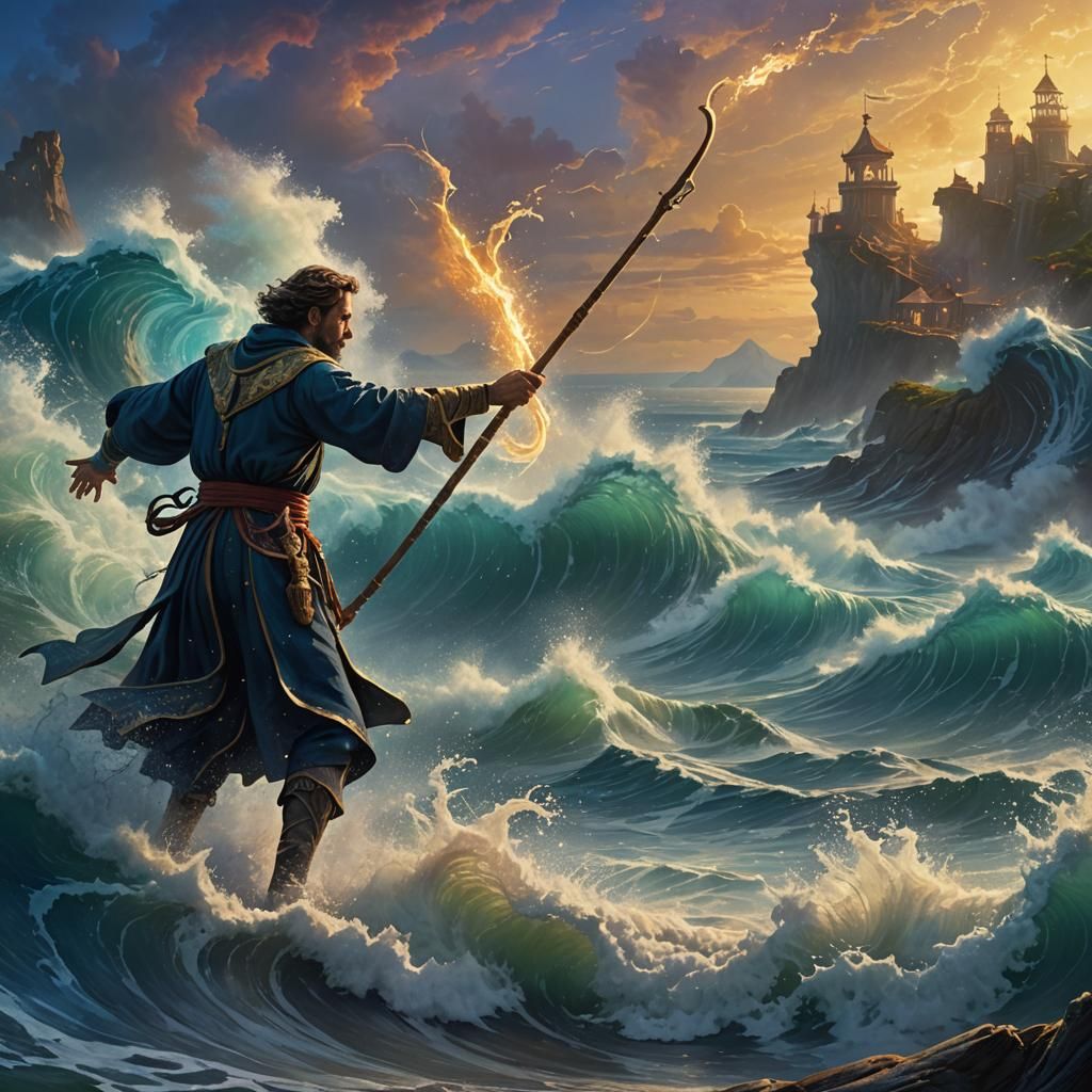 Man Splits Sea with Staff: Fantasy Concept Art