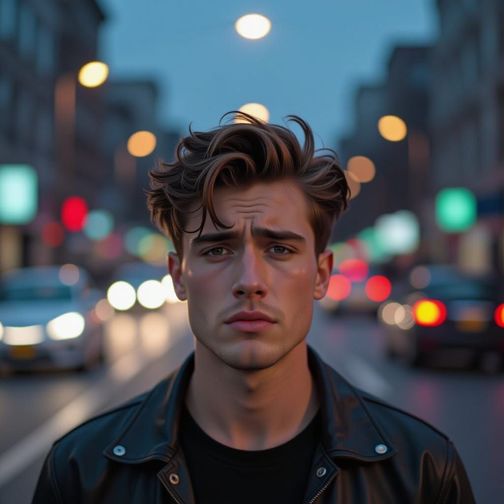 Man Distressed on Busy Road in Cinematic Concept Art