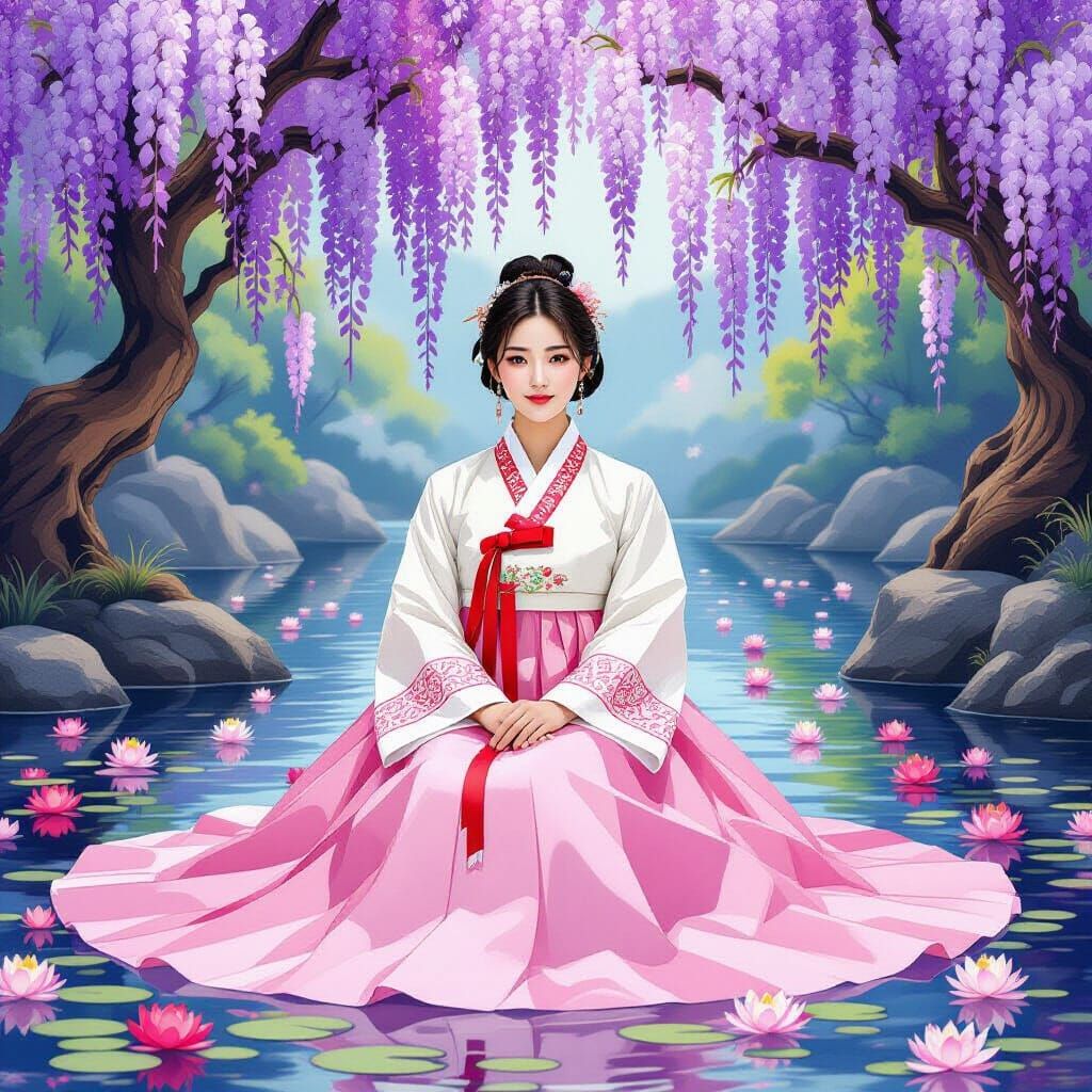 Woman in Hanbok with Wisteria Mosaic Background
