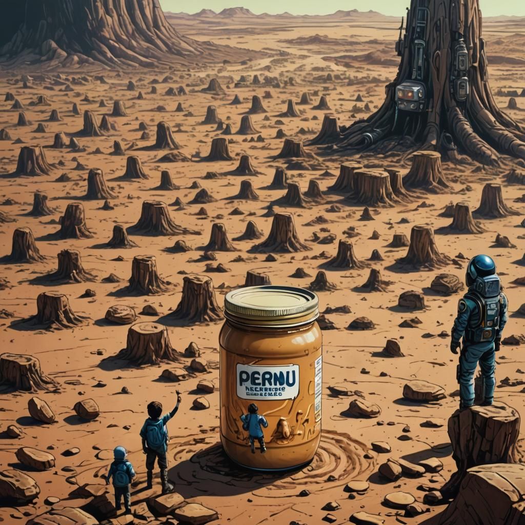 Giant peanut butter jar with a very tiny person next to it f...