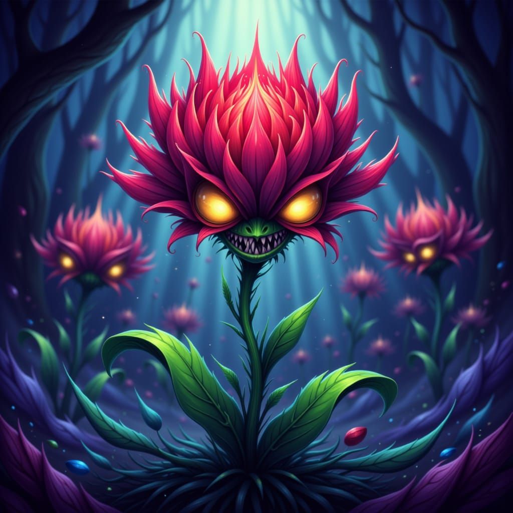 A menacing cartoon flower with sharp teeth and glowing, expr...