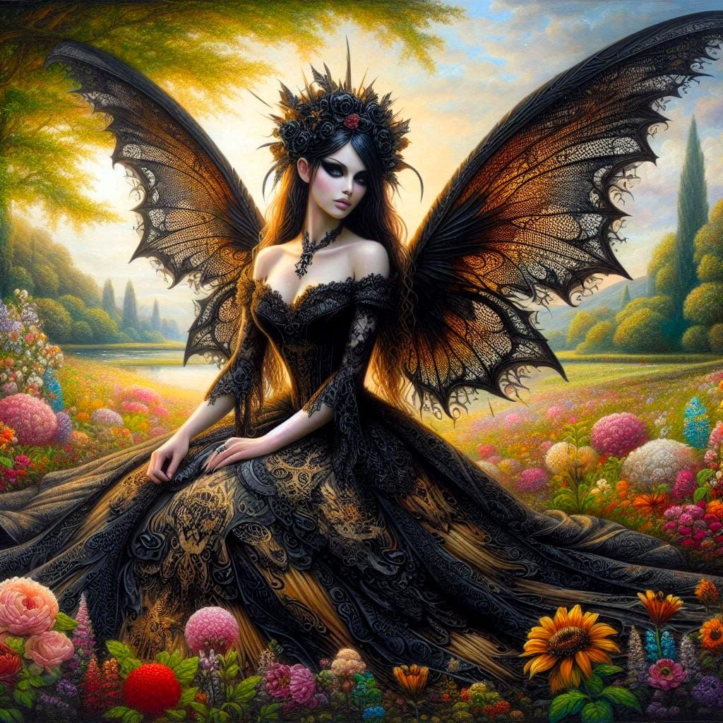 Goth fairy in a flower field