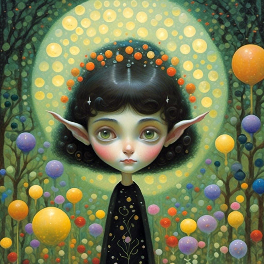 a fifty year old fizzy female elf with dark brown side parting hair, dressed in black with garden trowel. Franz von Stuck magical night gard...