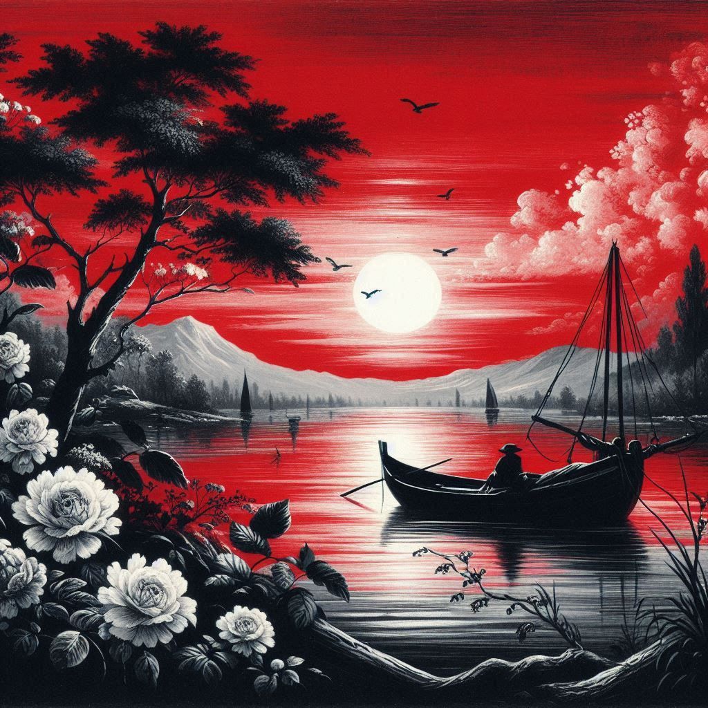 Painting of a boat on a body of water