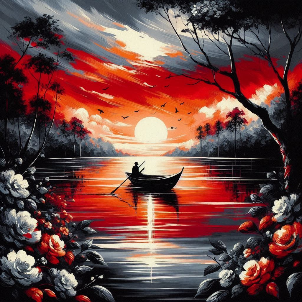 Painting of a boat on a body of water