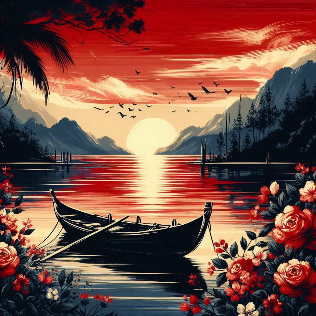 Painting of a boat on a body of water