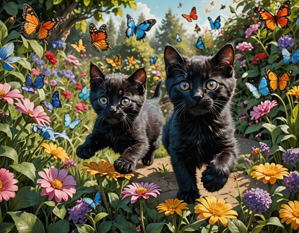 black kittens chasing butterflies in a flower-filled garden ...