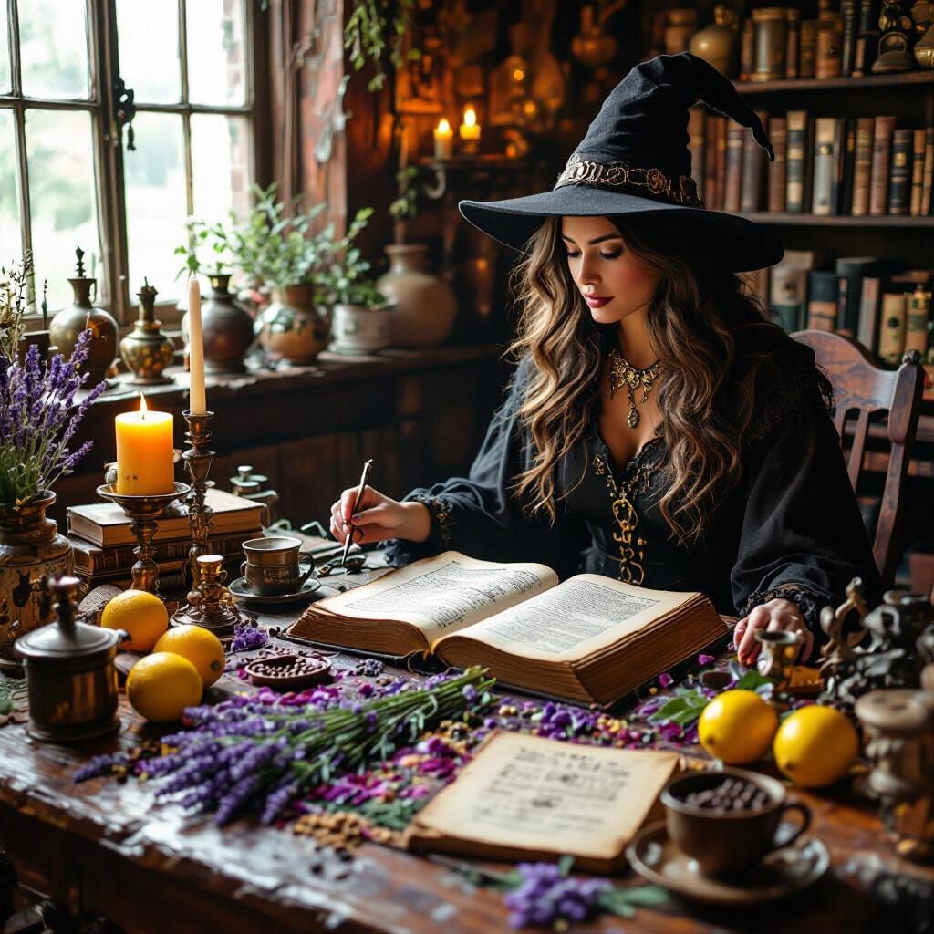Make me a puzzle with a single visually rich scene filled with layered details and background activity.**Theme: witches workspace:** **Style...