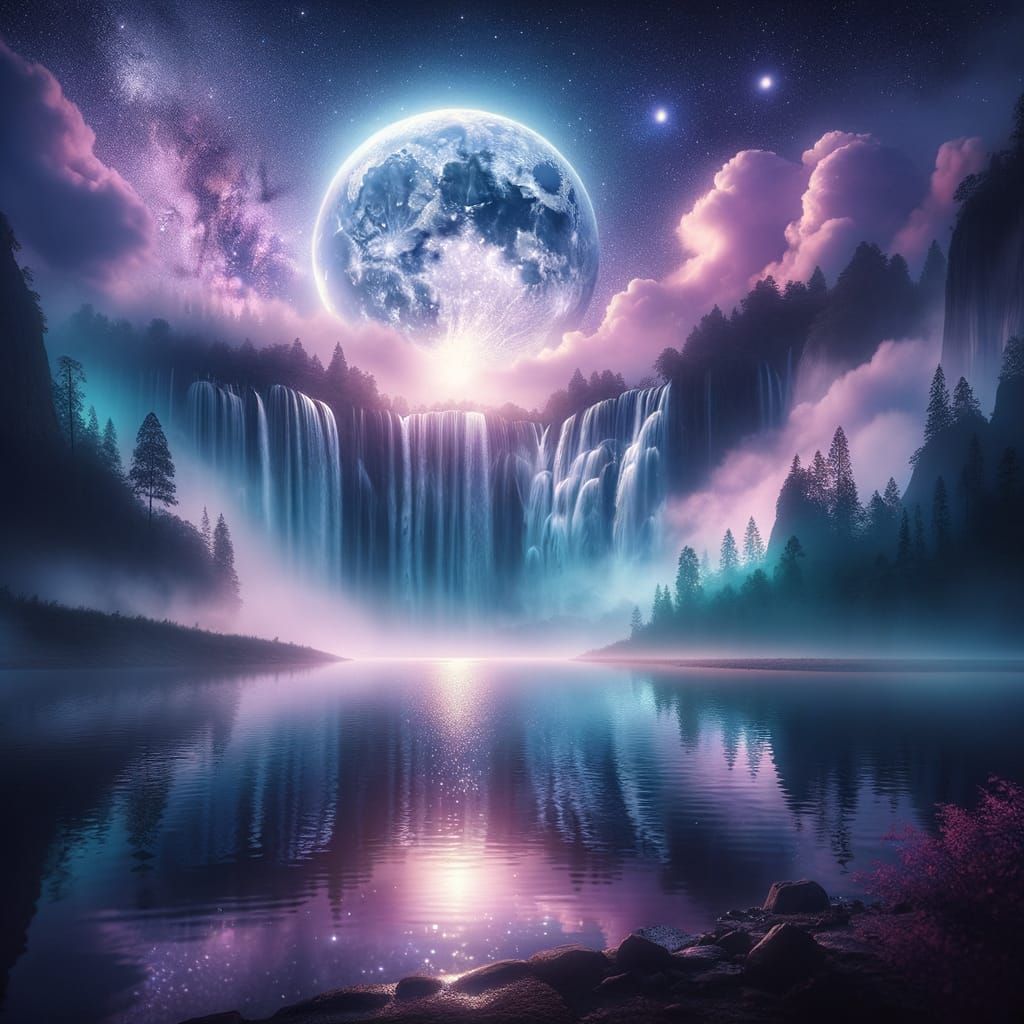A breathtaking dreamscape of a glowing full moon illuminating a majestic waterfall cascading from the clouds into a serene lake below. Soft ...