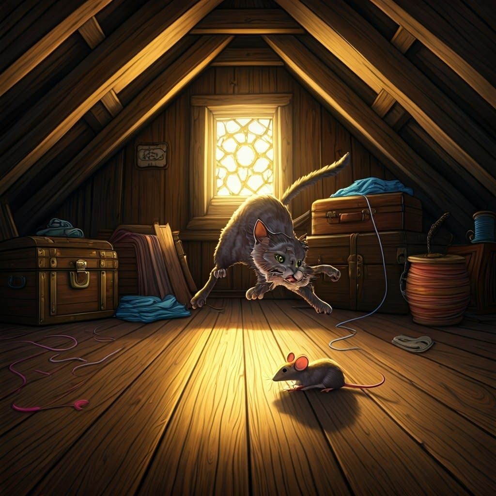 Cat and Mouse Chase in Cozy Attic Illustration