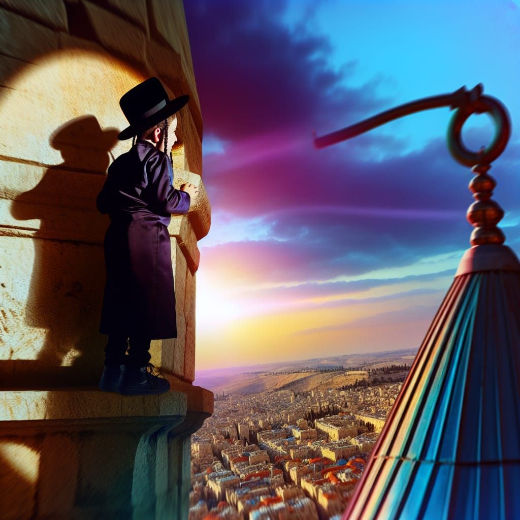 Jerusalem Sunset: Orthodox Boy on Tower Spire