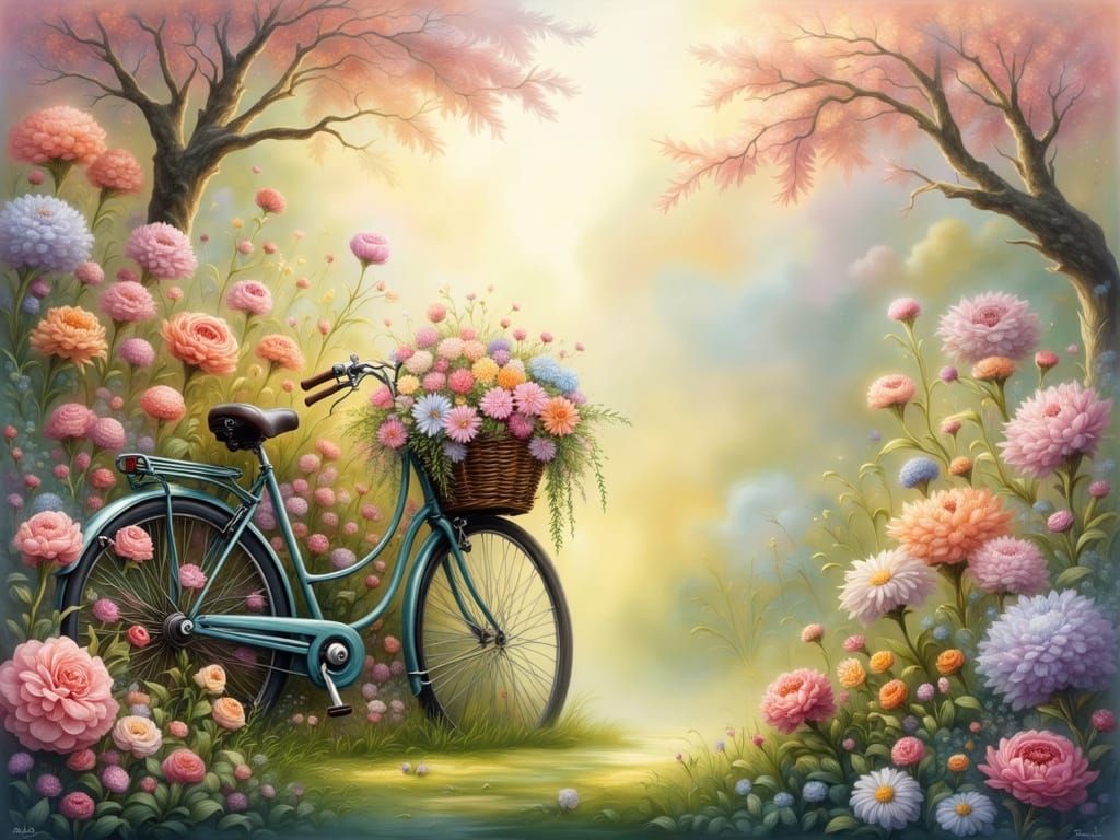 <lora:Beauty Mimosa:1.0> A pretty garden setting to fill the screen with many beautiful flowers in pastel colors with detail, with an old bi...