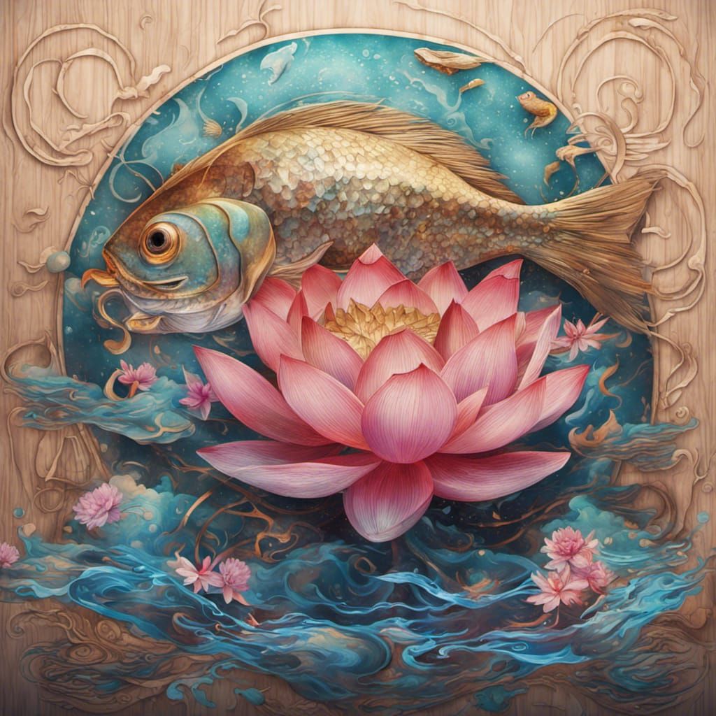 Fan, lotus, fish, water splashes, wooden, oriental