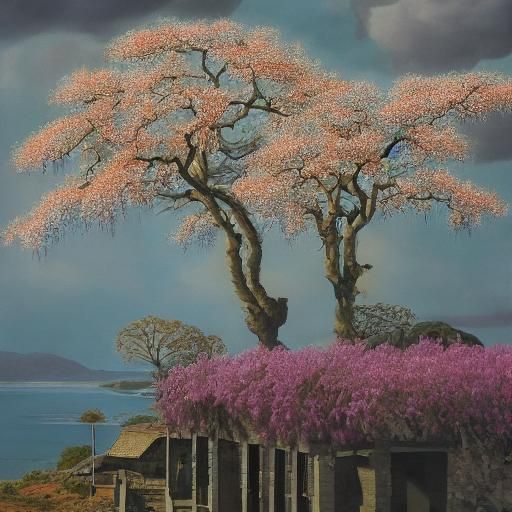 Chinese Ink Painting of Building with Jacaranda Trees