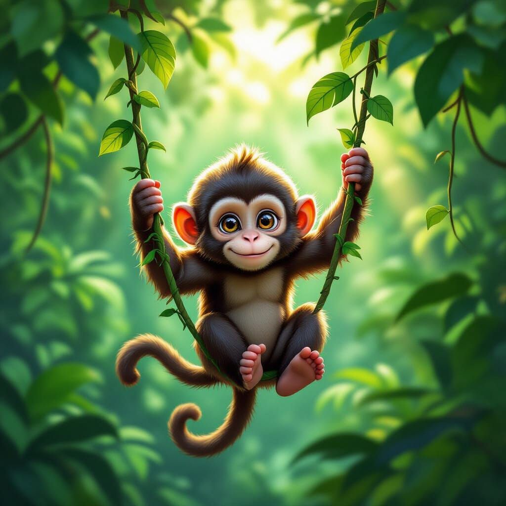 Playful Monkey in Lush Rainforest Canopy