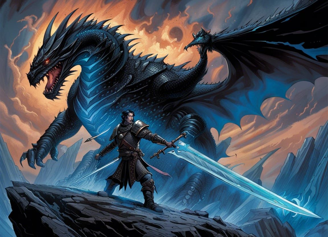 a Knight with a sword challenging a giant black dragon, blue...