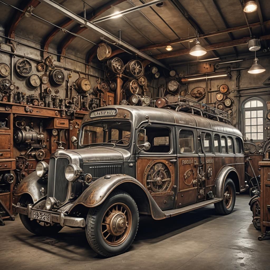 Oldtimer bus 1935 model,in vintage garage, steampunk engine
