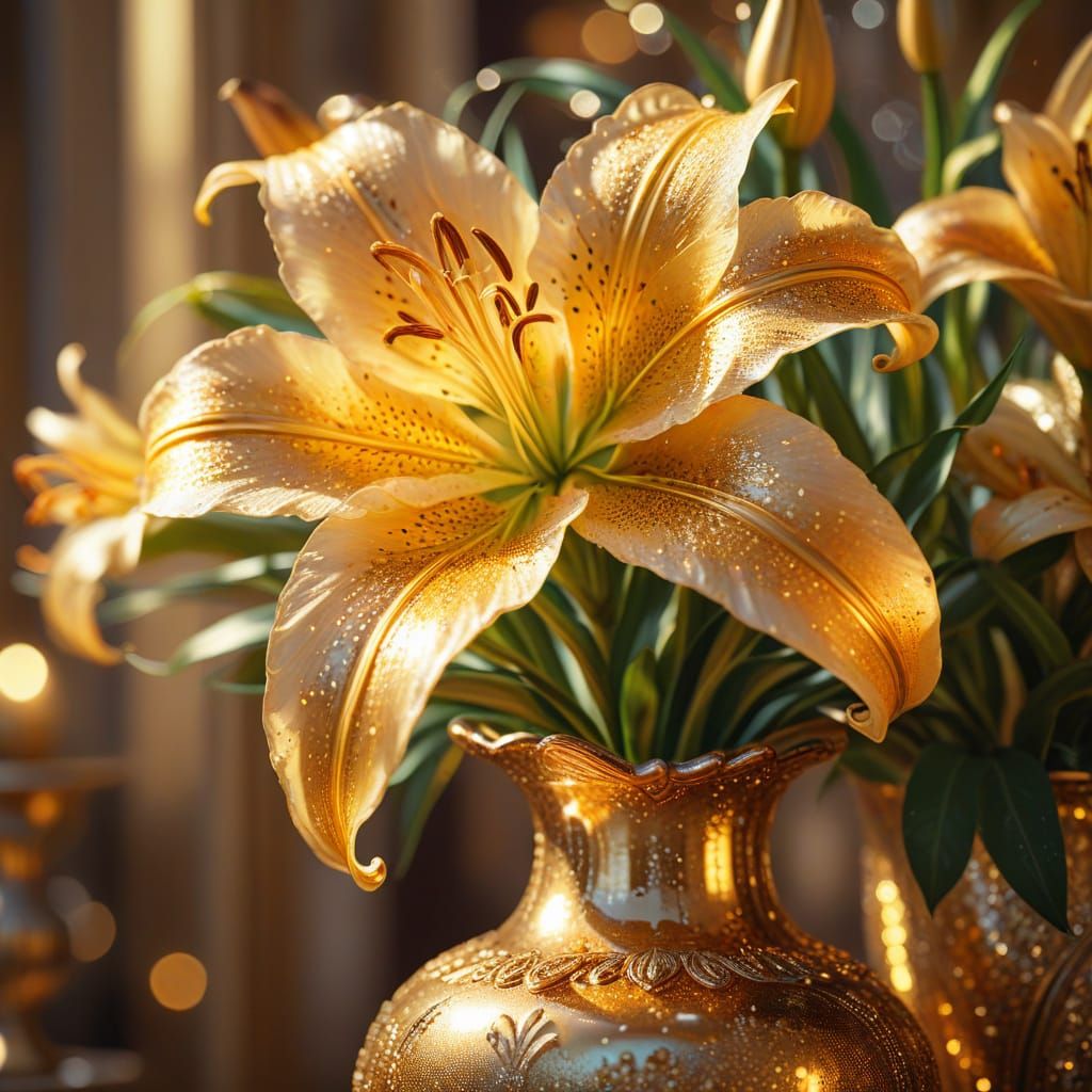 shining golden lily in a decorated vase  by @Zaneta Neuzilova