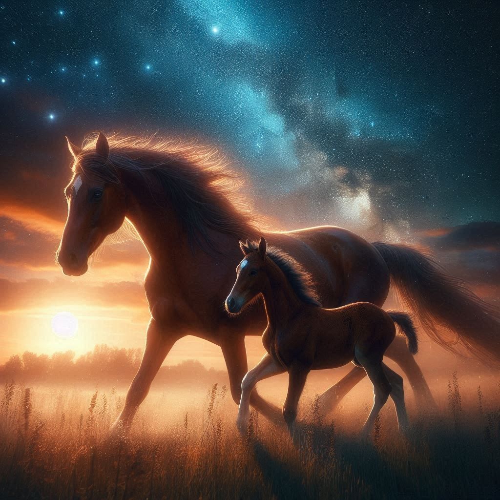 mother horse with her baby running in a field at night under the astral stars
