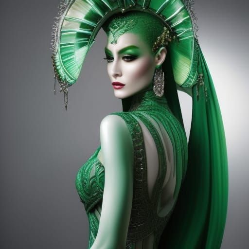 Full Body Noir painting of a beautiful pale green Alien Woma...