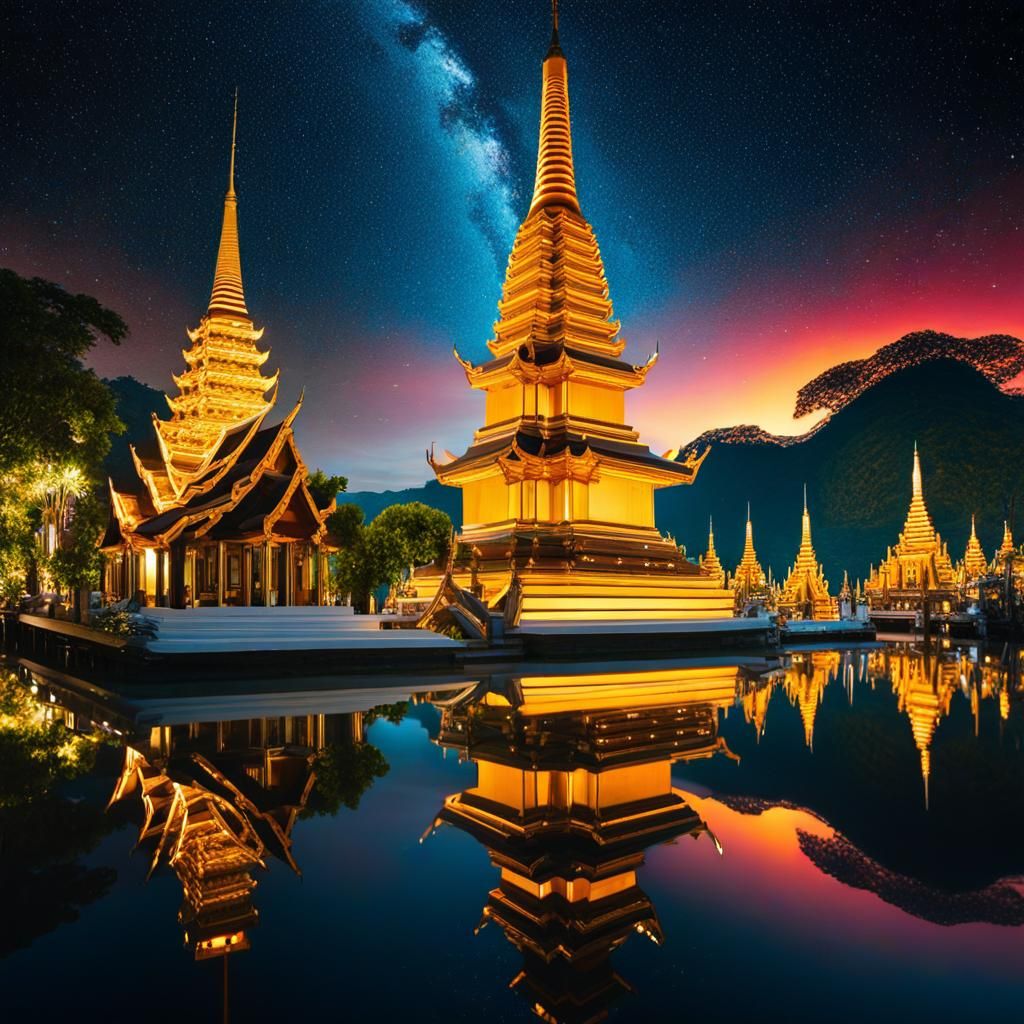 Thai pagodas at night  by @Ebroin