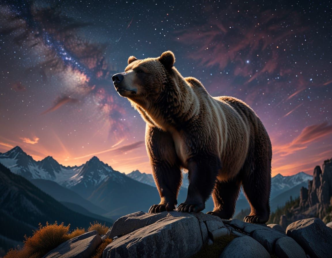 Cinematic film still. A lone grizzly bear stands on a rocky outcrop, silhouetted against a vibrant, star-filled ...  by @Pawn