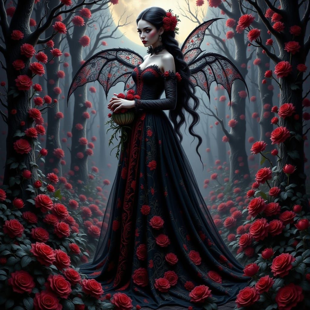 Gothic Witch with Dark Roses in Moonlight
