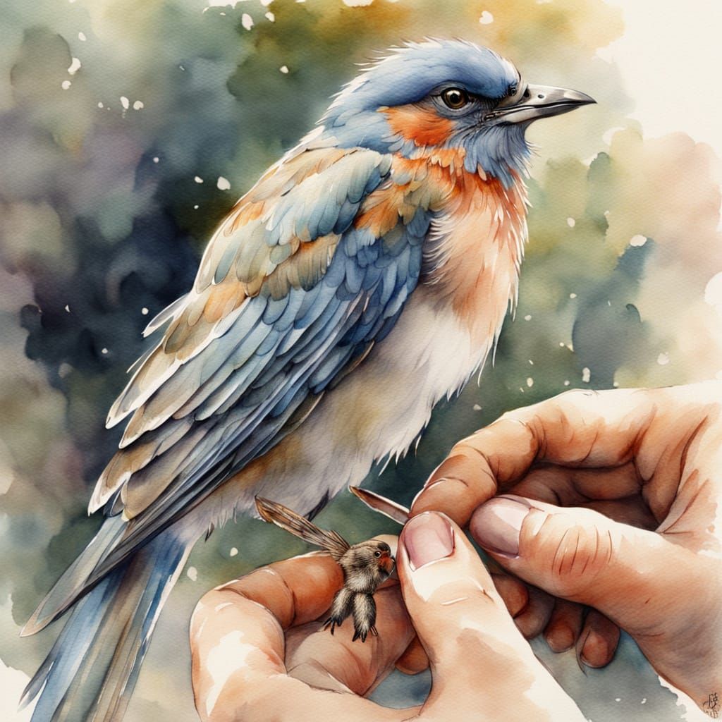 Watercolour bird sitting on human hand (2)  by @Rachel the Authentic