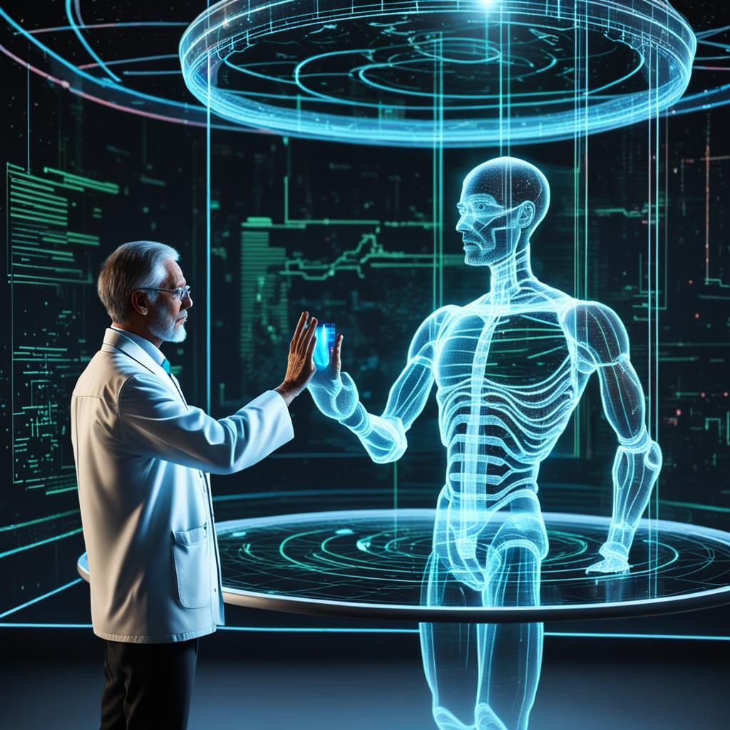 Scientist confers with holographic AI assistant  by @undefined