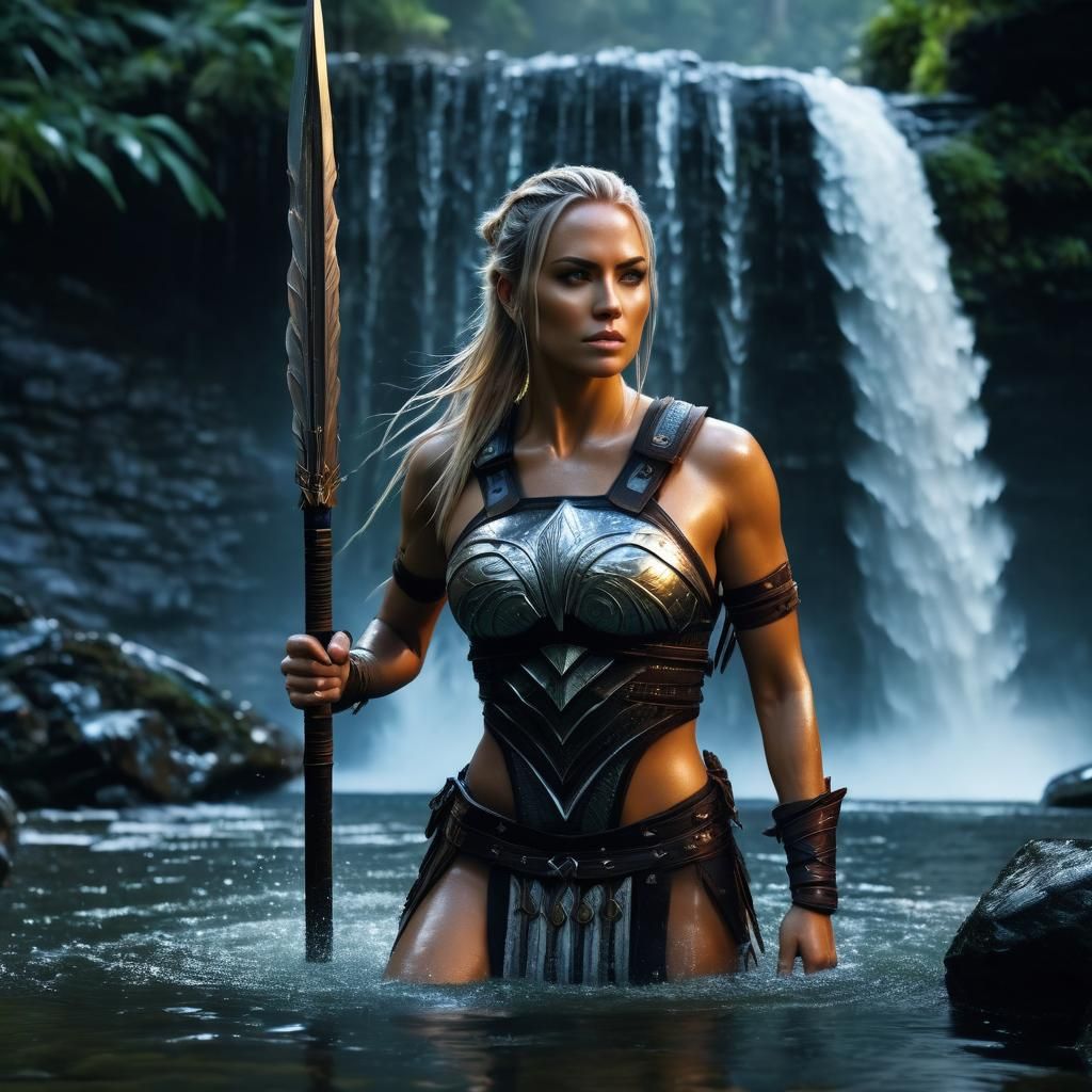 A beautiful female warrior takes off her armor and weapons to bath in a pond beneath a waterfall