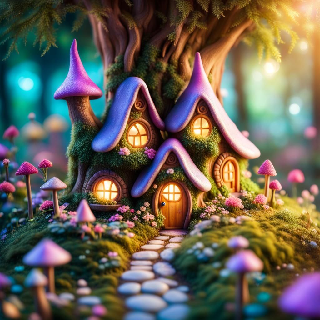 Fairy village in a forest, cute little fairy houses build in...