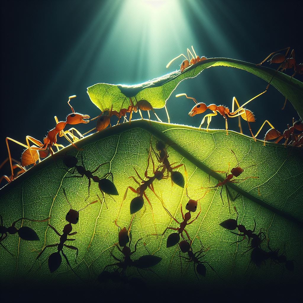 Leafcutter ants carrying leaves, backlit, creating shadows on a leaf