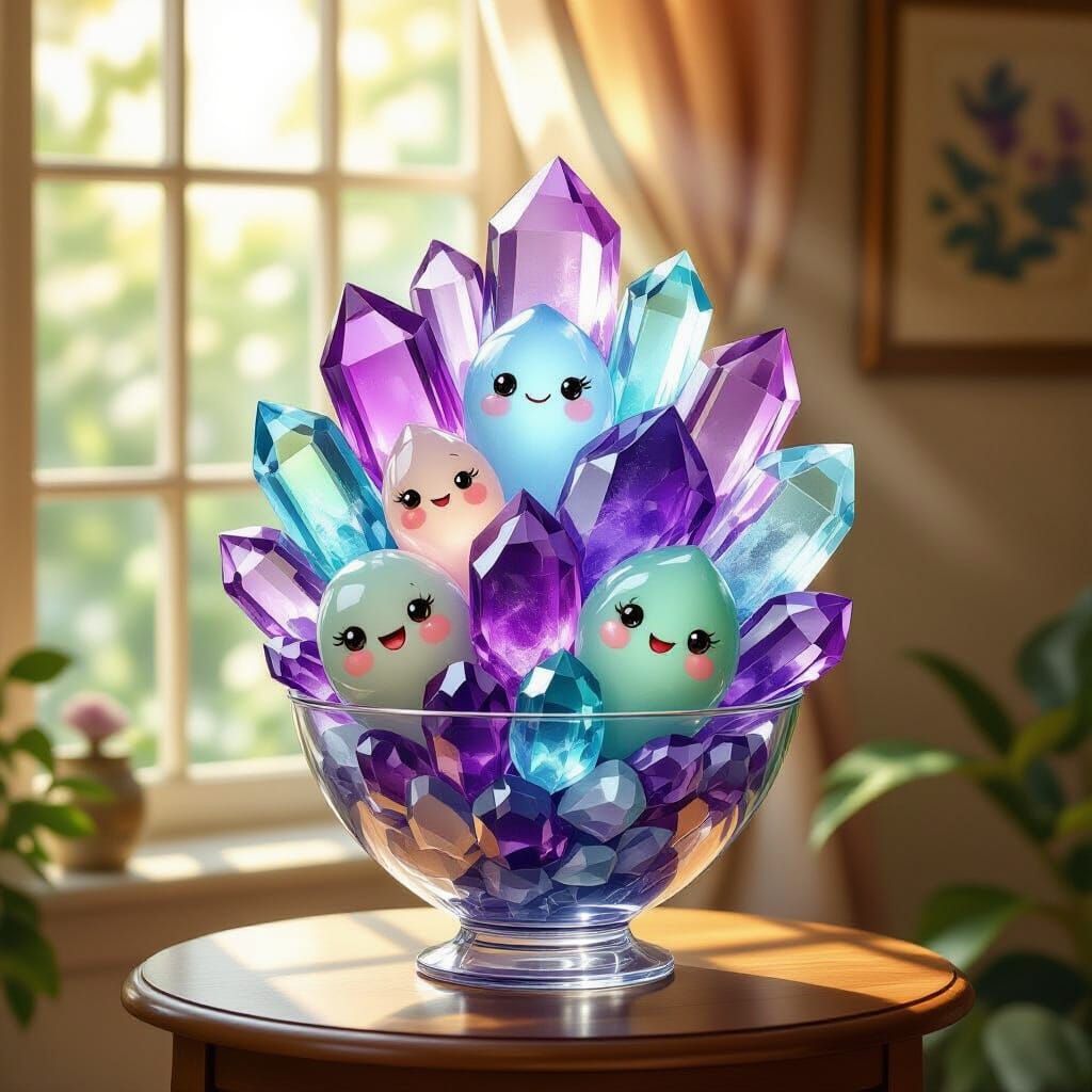 fantasy scene, a beautiful wide glass vase filled with large crystals — amethyst, fluorite, and turquoise. The vase stands on a small wooden...