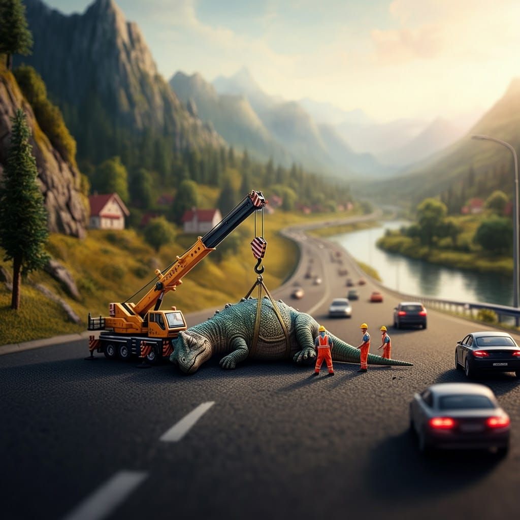 Dinosaur on Highway in Hyper-Detailed Macro Illustration