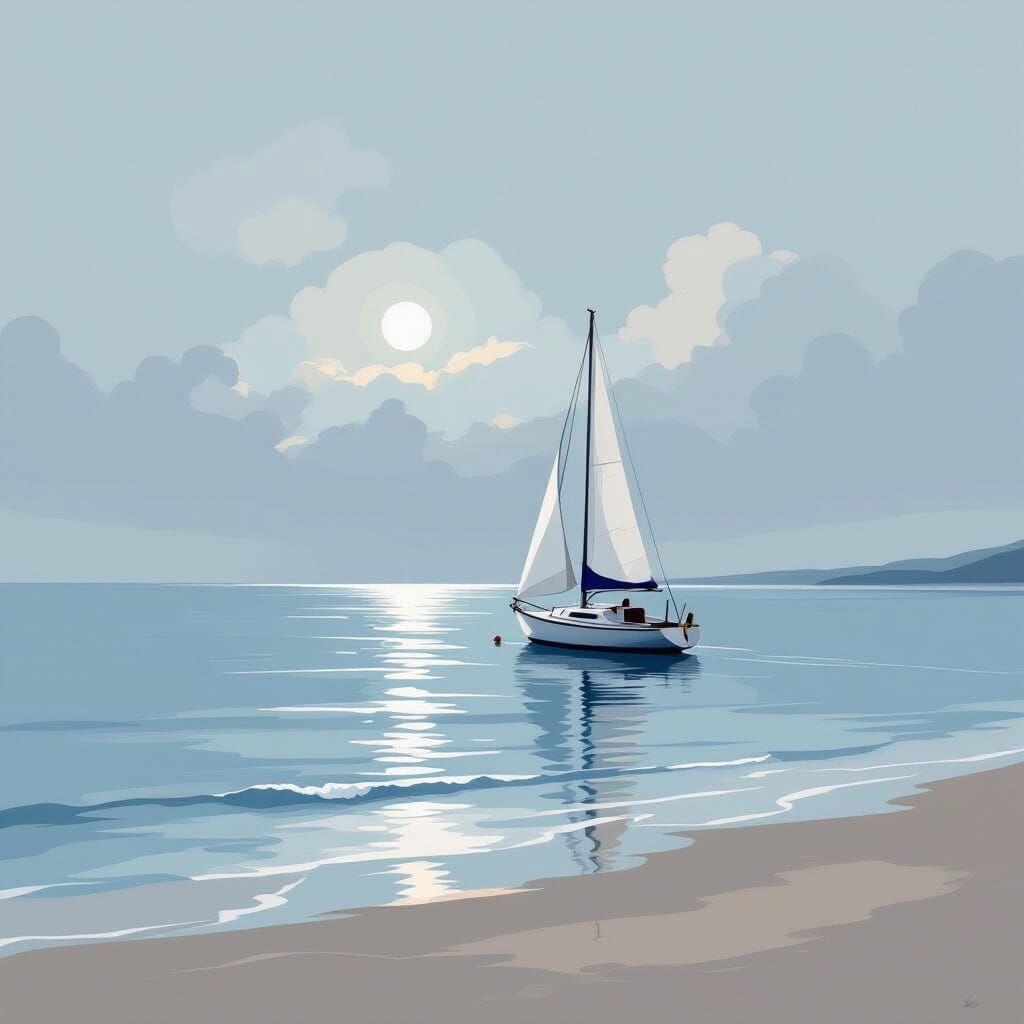 Minimalist Sailboat on Calm Water in Pastel Hues