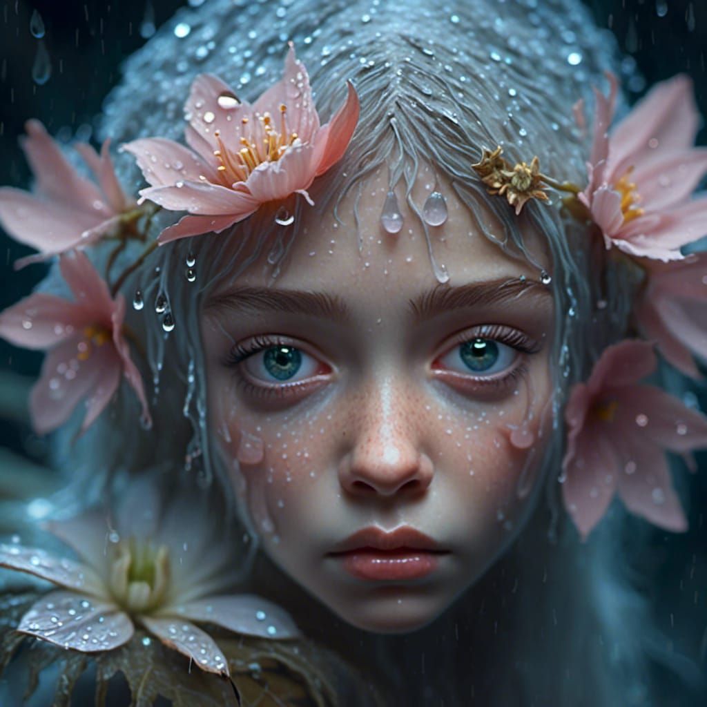 <lora:Bioluminescent:1.0> Macro photography of a diminutive, elegant, bioluminescent adorable cute little female fairy perched on damp  flow...