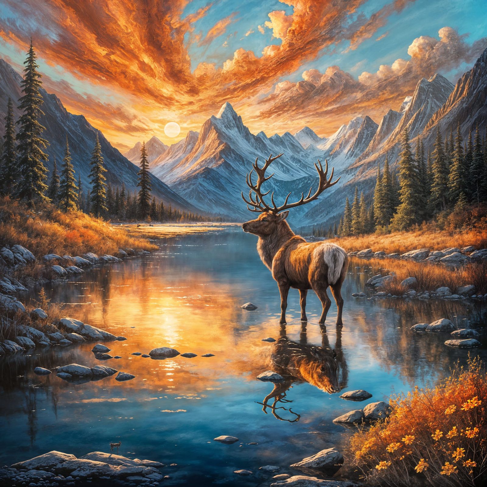 Majestic Reindeer at Sunset Oil Painting