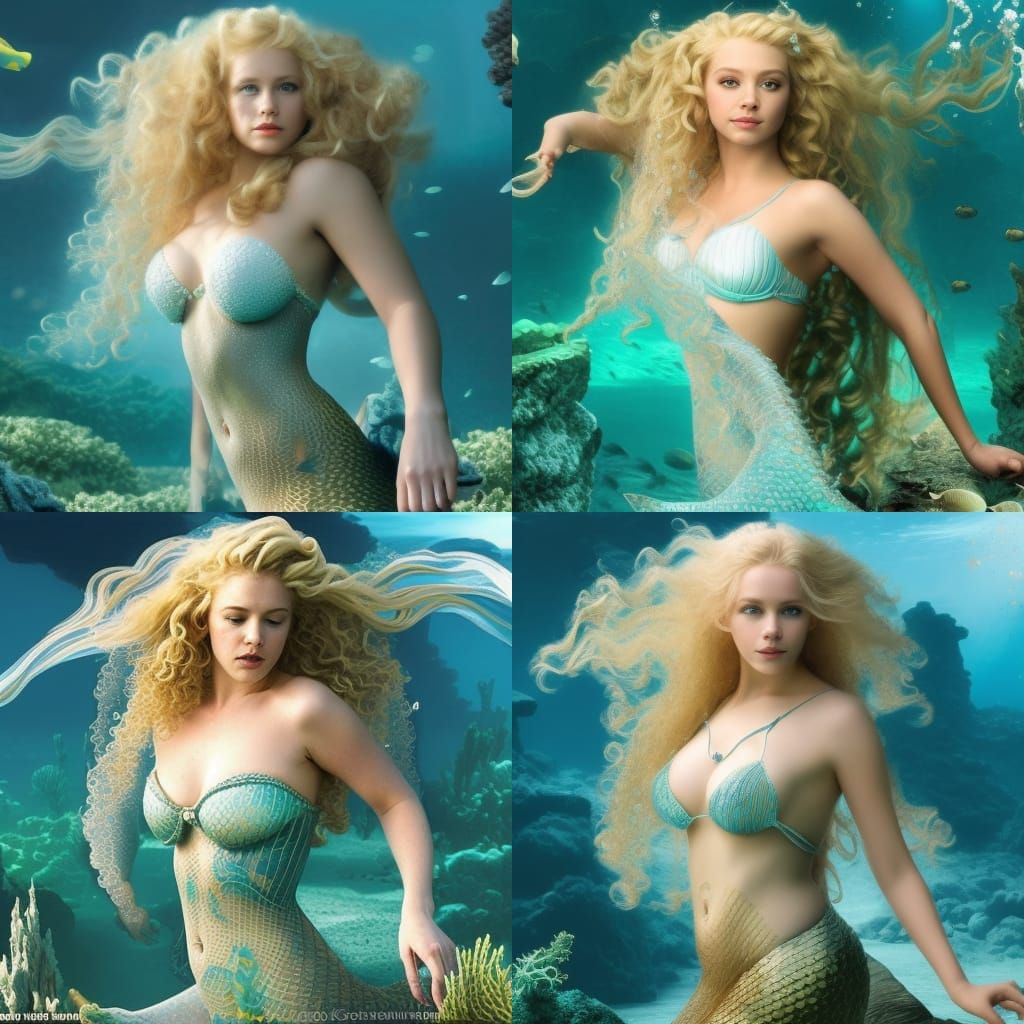 A blonde mermaid with curly hair, swimming under the sea